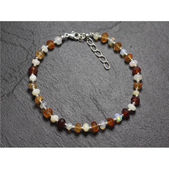 Bracelet Argent 925 et Pierres - Opale et Grenat Hessonite Rondelles 3-5mm 