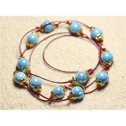 Collier Sautoir 95cm Coton et Céramique Bleu Turquoise 12mm 