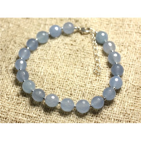 Bracelet Argent 925 et Pierre - Jade Bleue Facettée 8mm