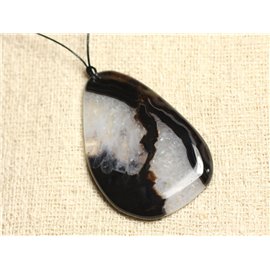 Stone Pendant Necklace - Agate and Quartz Black and White Drop 63mm N2 