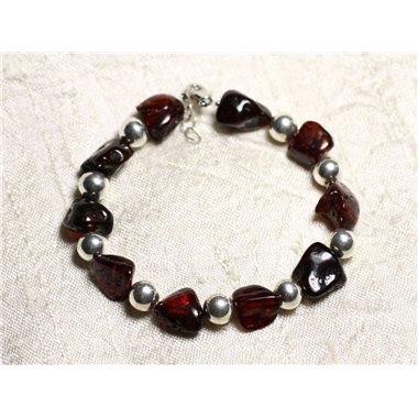 Bracelet Argent massif 925 et Ambre naturelle Cerise - Nuggets 9-12mm