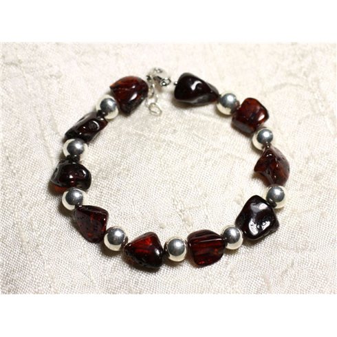 Bracelet Argent massif 925 et Ambre naturelle Cerise - Nuggets 9-12mm 