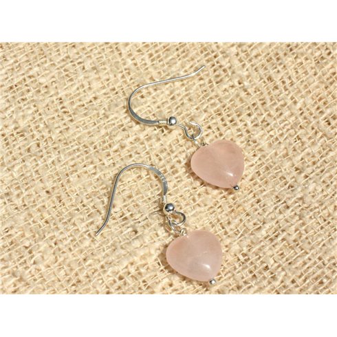 Boucles d'Oreilles Argent 925 et Pierre - Quartz Rose Coeurs 10mm