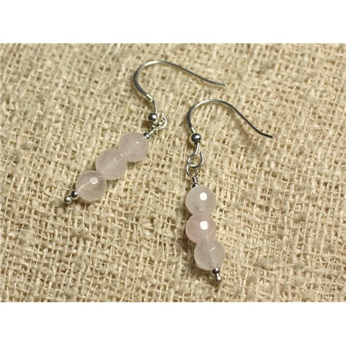 Boucles d'Oreilles Argent 925 - Quartz Rose Facetté 6mm