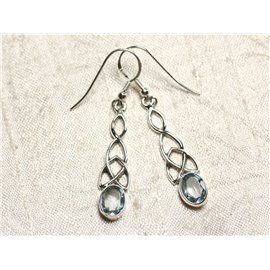 BO241 - 925 Silver and Blue Topaz Stone Celtic Knot Earrings 36mm 