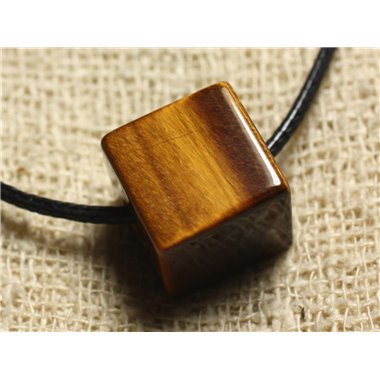 Collier Pendentif Pierre - Oeil de Tigre Cube 15mm Marron Doré Bronze Noir