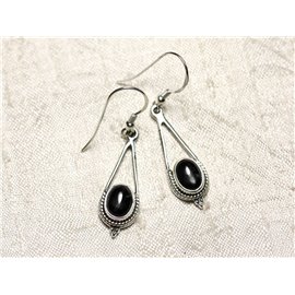 BO212 - 925 Sterling Silver and Black Star Stone Drop Earrings 30mm 