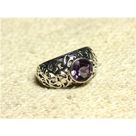 N112 - 925 Silberring und arabesker filigraner Stein - Facettierter runder Amethyst 8 mm 