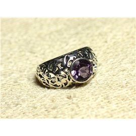 N112 - 925 Silver Ring and Arabesque Filigree Stone - Faceted Round Amethyst 8mm 