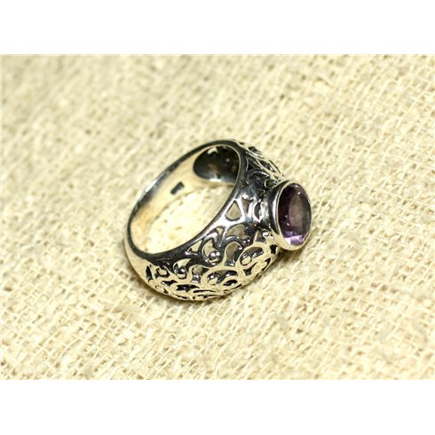 N112 - Bague Argent 925 et Pierre Filigrane Arabesques - Améthyste Rond Facetté 8mm 