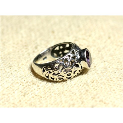 N112 - Bague Argent 925 et Pierre Filigrane Arabesques - Améthyste Rond Facetté 8mm