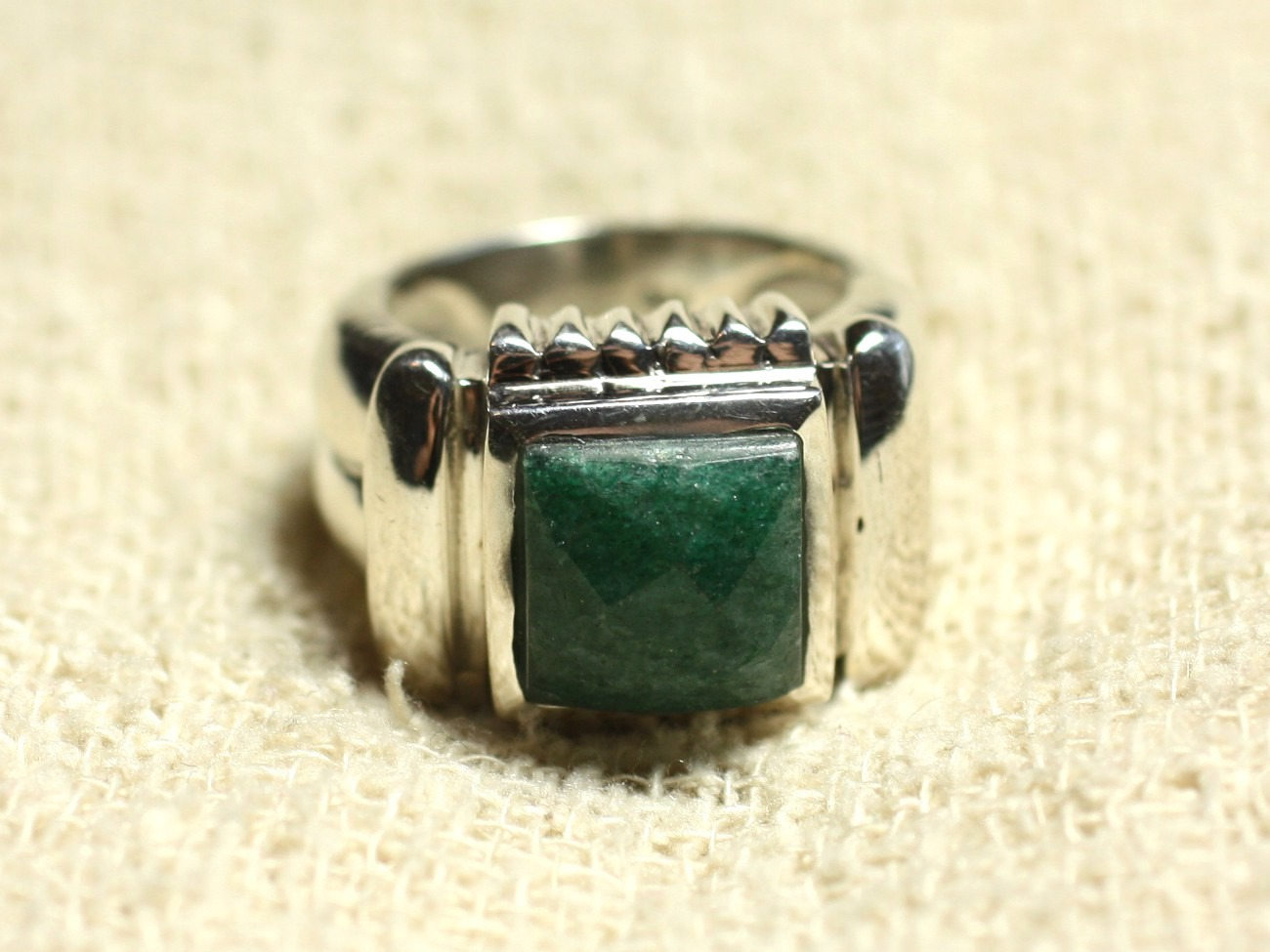 N123 - Bague Argent 925 et Pierre - Aventurine Verte Carré Facetté 10mm 
