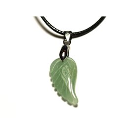 Stone Pendant Necklace - Engraved Wing 24mm Green Aventurine 