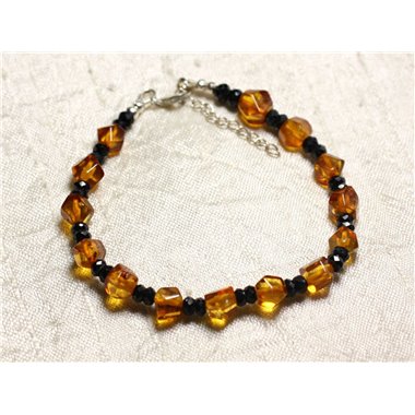 Bracelet Argent 925 Pierre Spinelle noir rondelles facettées et Ambre naturelle baltique Cubes Facettés