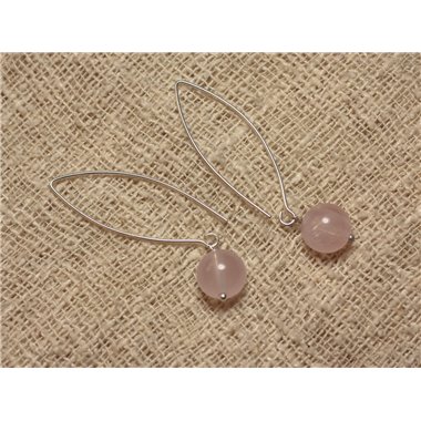 Boucles oreilles longs crochets argent 925 et pierre Quartz rose boules 10mm rose clair