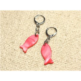 Mother of Pearl Fish Earrings 23mm Red Pink 