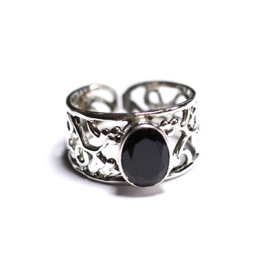 N224 - Bague Argent 925 et Pierre - Onyx noir Facetté Ovale 9x7mm 