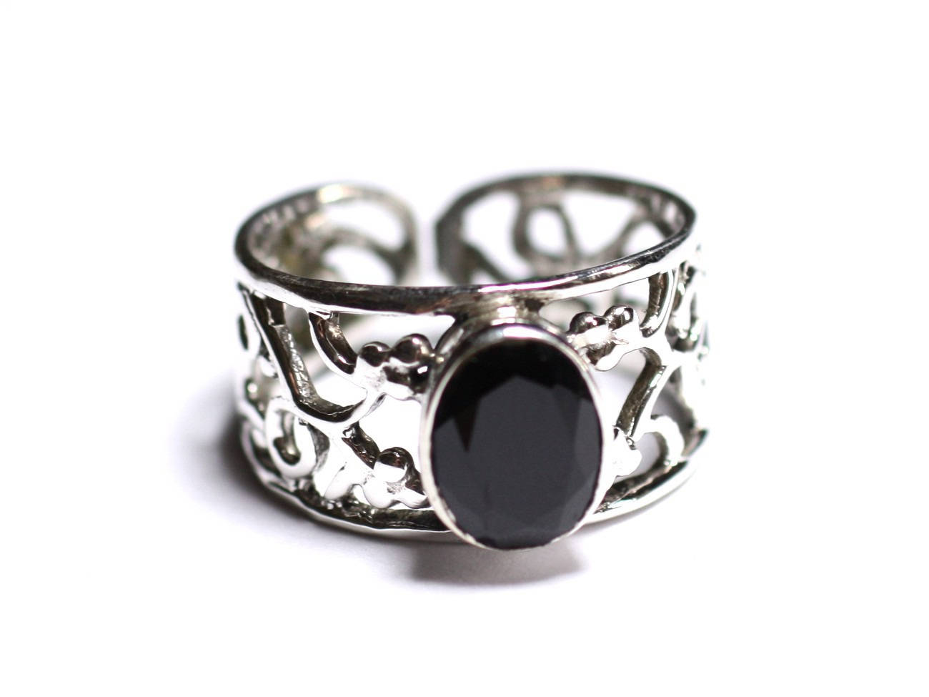 N224 - Bague Argent 925 et Pierre - Onyx noir Facetté Ovale 9x7mm 