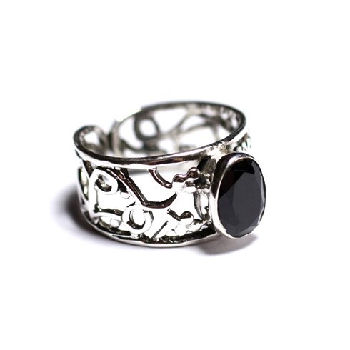 N224 - Bague Argent 925 et Pierre - Onyx noir Facetté Ovale 9x7mm