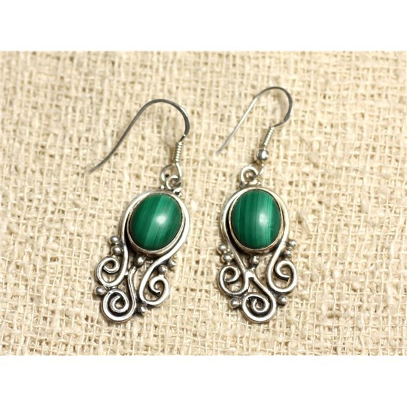 BO203 - Boucles d'Oreilles Argent 925 et Pierre - Arabesques 27mm Malachite 