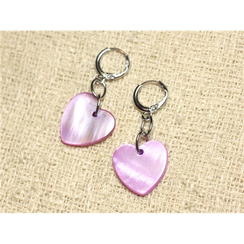 Boucles d'Oreilles Nacre Coeurs 18mm Violet Rose 