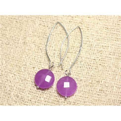 Boucles d'Oreilles Argent 925 et Pierre - Jade Violet Rose Palets Facettés 14mm 