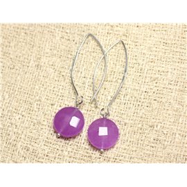 Boucles d'Oreilles Argent 925 et Pierre - Jade Violet Rose Palets Facettés 14mm 