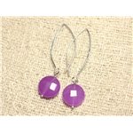 Boucles d'Oreilles Argent 925 et Pierre - Jade Violet Rose Palets Facettés 14mm 