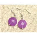 Boucles d'Oreilles Argent 925 et Pierre - Jade Violet Rose Palets Facettés 14mm 