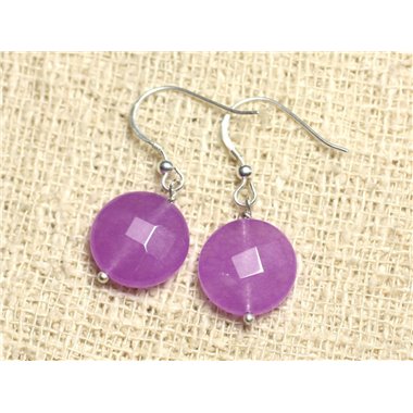 Boucles d'Oreilles Argent 925 et Pierre - Jade Violet Rose Palets Facettés 14mm 