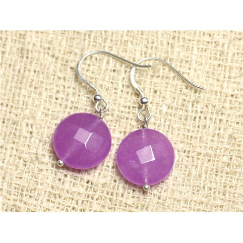 Boucles d'Oreilles Argent 925 et Pierre - Jade Violet Rose Palets Facettés 14mm 