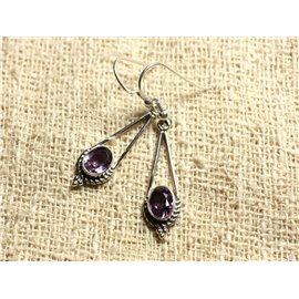 BO212 - 925 Silver Earrings 30mm - Faceted Amethyst Oval 9x7mm 