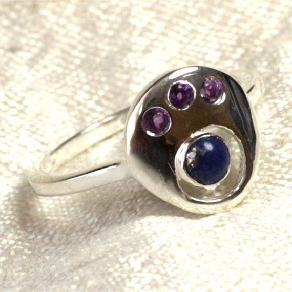 N226 - Bague Argent 925 et Pierre - Lapis Lazuli et Améthyste Ronds 2-4mm 