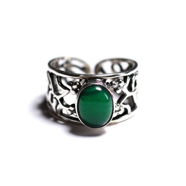 N224 - Bague Argent 925 et Pierre - Onyx vert Ovale 9x7mm 