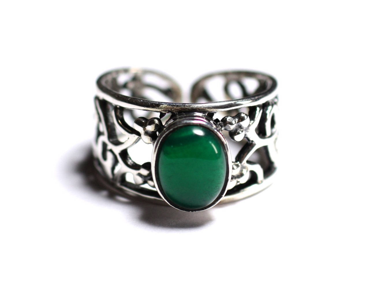 N224 - Bague Argent 925 et Pierre - Onyx vert Ovale 9x7mm 
