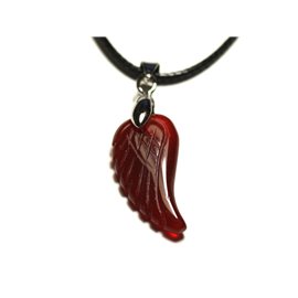 Stone Pendant Necklace - Engraved Wing 24mm Red Agate 