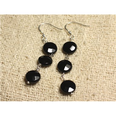 Boucles d'Oreilles Argent 925 - Onyx Noir Palets facettés 10mm 