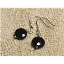 Boucles d'Oreilles Argent 925 - Onyx Noir Palets facettés 10mm 