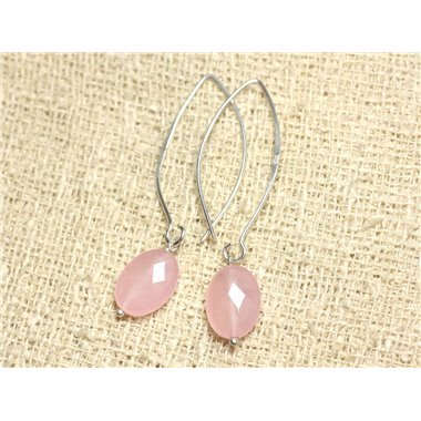 Boucles d'Oreilles Argent 925 et Pierre - Jade Rose clair Ovales Facettés 14mm 