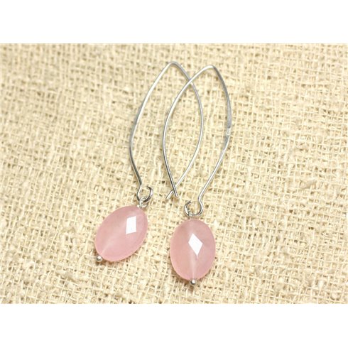 Boucles d'Oreilles Argent 925 et Pierre - Jade Rose clair Ovales Facettés 14mm 