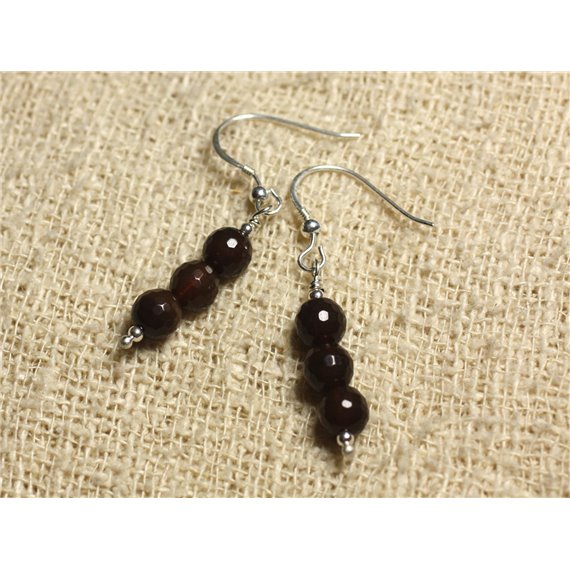 Boucles d'Oreilles Argent 925 - Agate Marron Facettée 6mm 