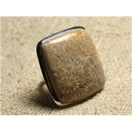 Anello in Argento Sterling 925 e Pietra di Misura Regolabile - Rettangolo di Corallo Fossile 31x28mm 