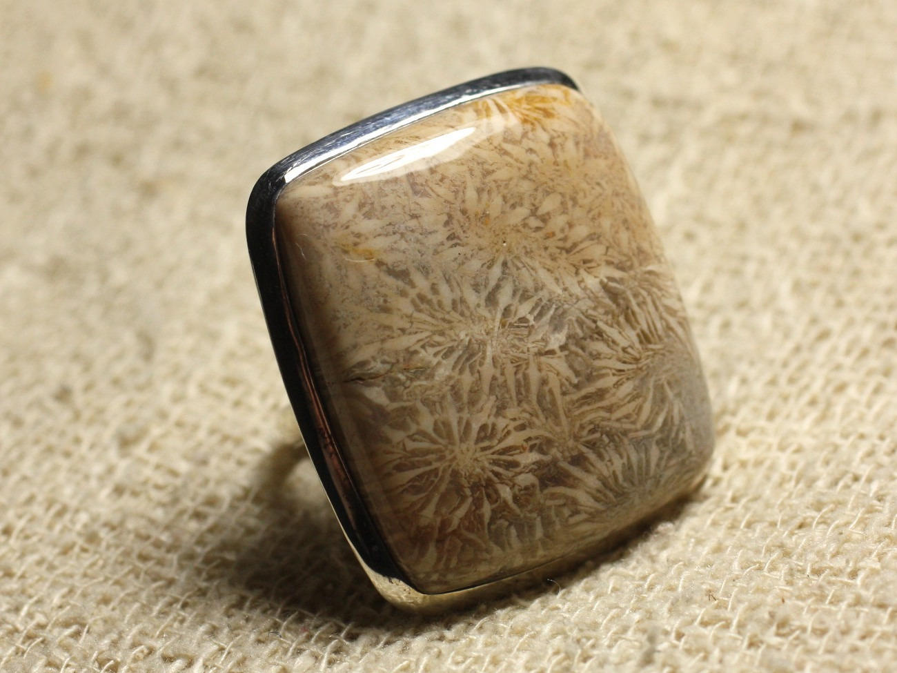 Bague Argent 925 et Pierre Taille Réglable - Corail Fossile Rectangle 31x28mm 