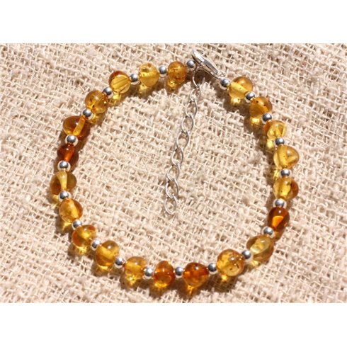 Bracelet Argent 925 et Pierre Ambre naturelle Baltique Miel Jaune Orange Rondelles