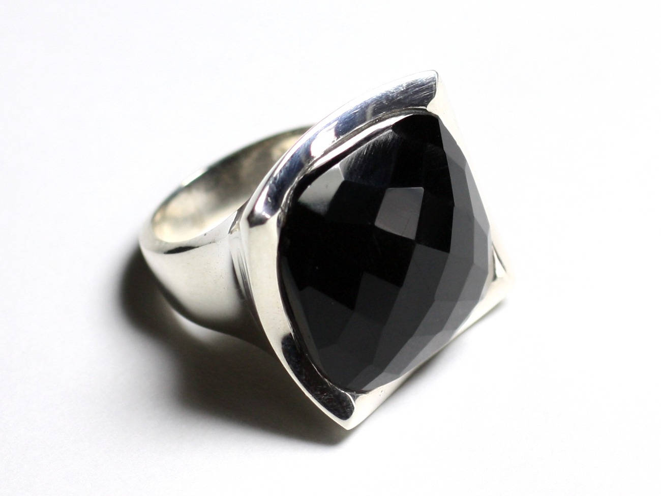 N222 - Bague Argent 925 Onyx Noir Facetté Carré 20mm 