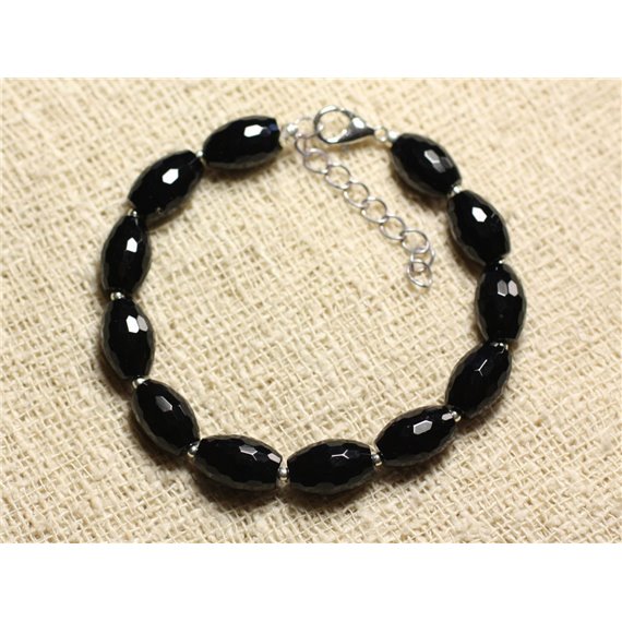 Bracelet Argent 925 et Pierre - Onyx Noir Olives Facettées 12mm 