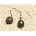 Boucles d'Oreilles Argent 925 et Pierre - Unakite Boules 10mm 