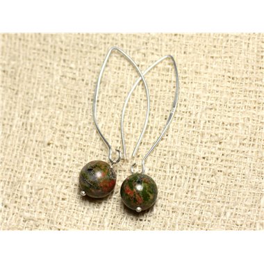 Boucles d'Oreilles Argent 925 et Pierre - Unakite Boules 10mm 