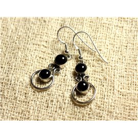 BO201 - 925 Sterling Silber Ohrringe 28mm - Schwarzer Onyx Rund 6mm 