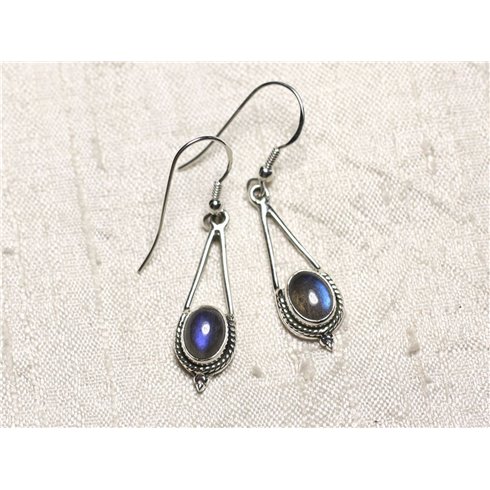 BO212 - Boucles d'Oreilles Argent 925 et Pierre Labradorite Gouttes 30mm 